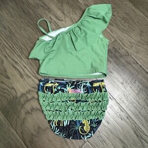 Ruffle‎ Butts Girls Swimsuit Sz 5 Green One Shoulder Leopard Print Ruffle Bottom
